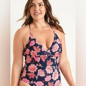 NWOT Women’s Old Navy Floral Frill Navy Blue Pink Orange One Piece Swimsuit 4X